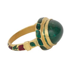 22 Karat Gold 7.13 Carat Natural Emerald Cabochon Ring with Enamel Work