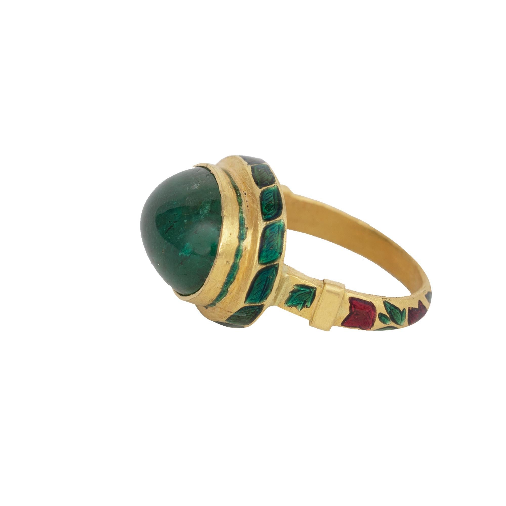 Anglo-Indian 22 Karat Gold 7.13 Carat Natural Emerald Cabochon Ring with Enamel Work