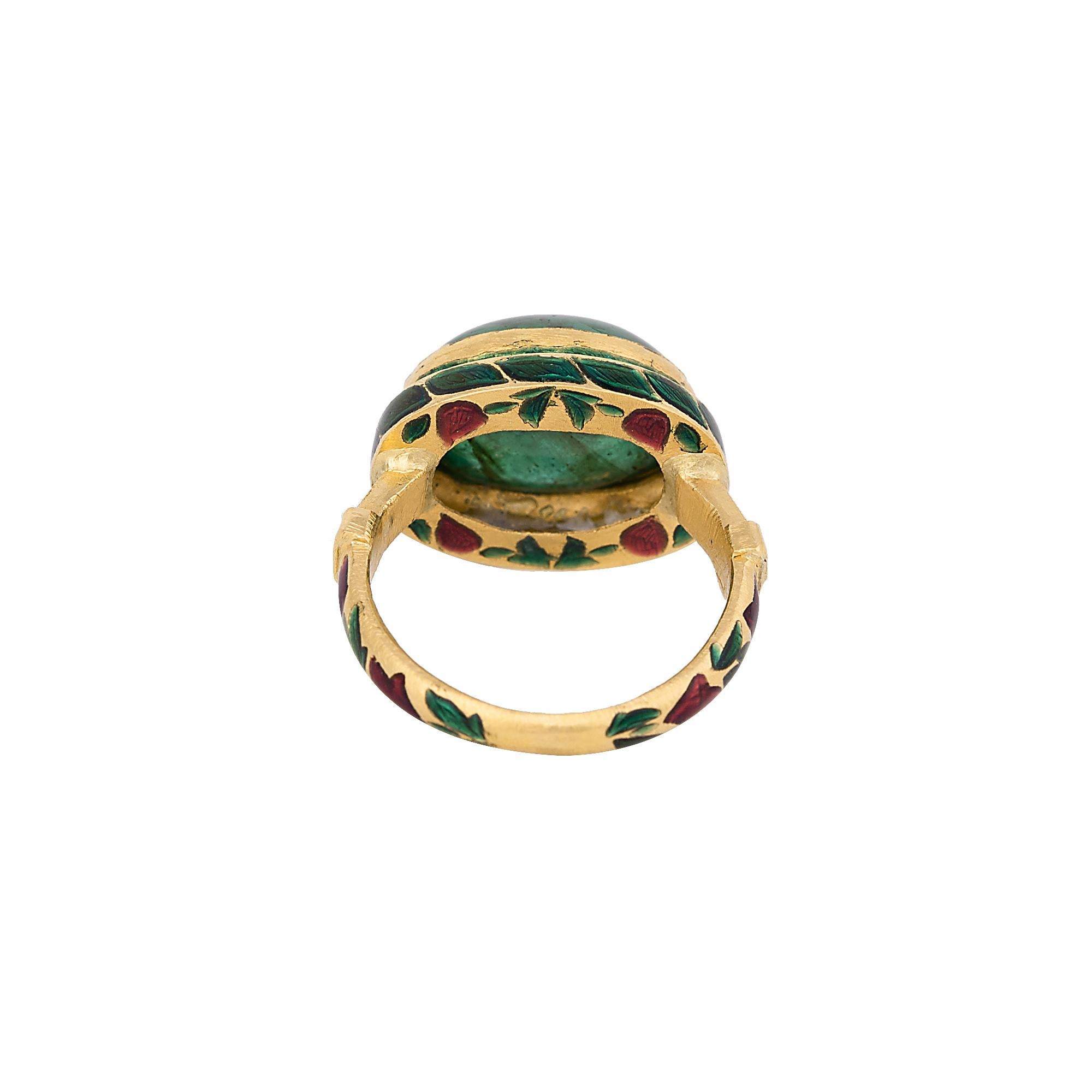 22 Karat Gold 7.13 Carat Natural Emerald Cabochon Ring with Enamel Work In New Condition In Jaipur, IN