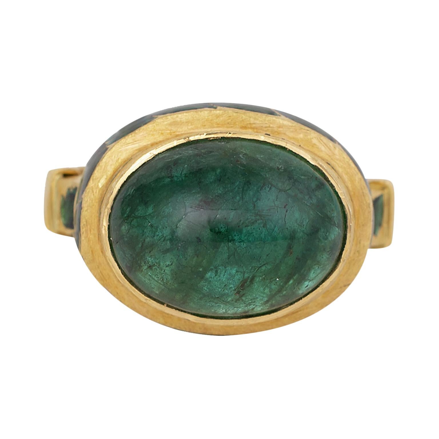 22 Karat Gold 7.13 Carat Natural Emerald Cabochon Ring with Enamel Work