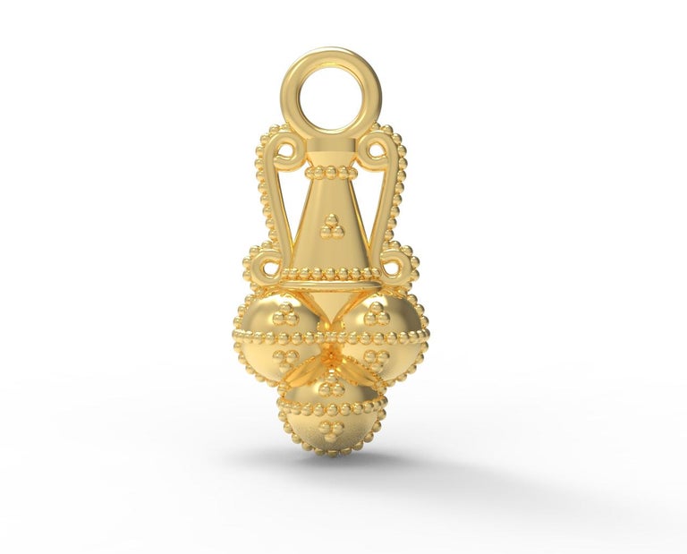 22 Karat Yellow Gold Amphora Pendant by Romae Jewelry Inspired by Ancient Designs. Our distinctive Parthia pendant recalls the shape of an ancient amphora or storage and shipping container, complete with ornamental volute 