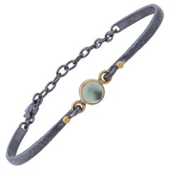 22 Karat Gold and Oxidized Sterling Silver Cabochon Prehnite Adjustable Bracelet