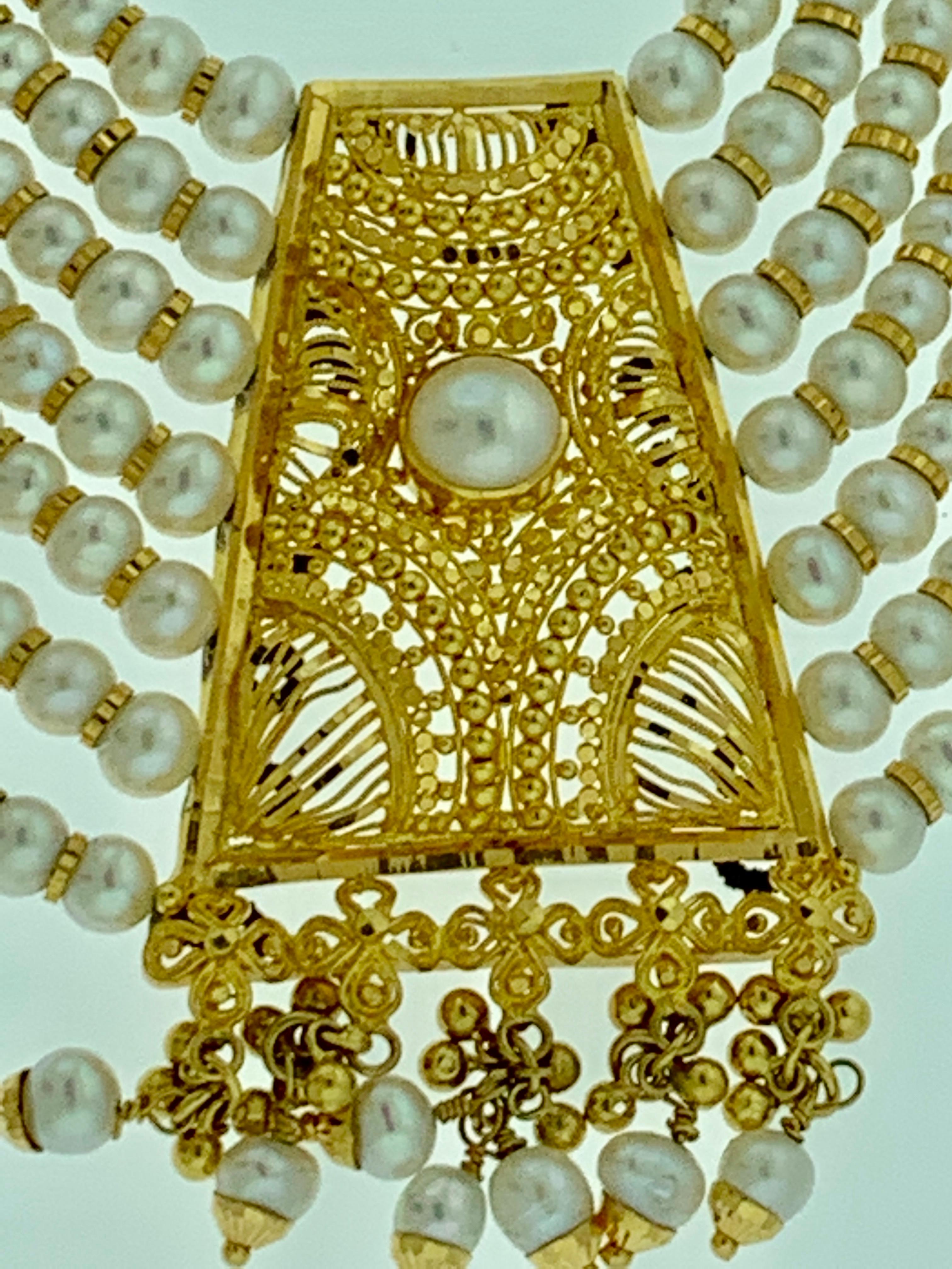 22 Karat Gold and Pearl Multi Layer Necklace Bridal Princess Necklace In Excellent Condition In New York, NY