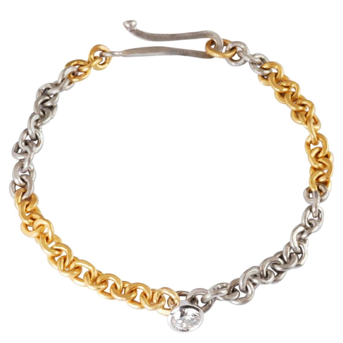 22 Karat Gold and Platinum Link Bracelet Set with Brilliant Cut Diamond 0.84cts