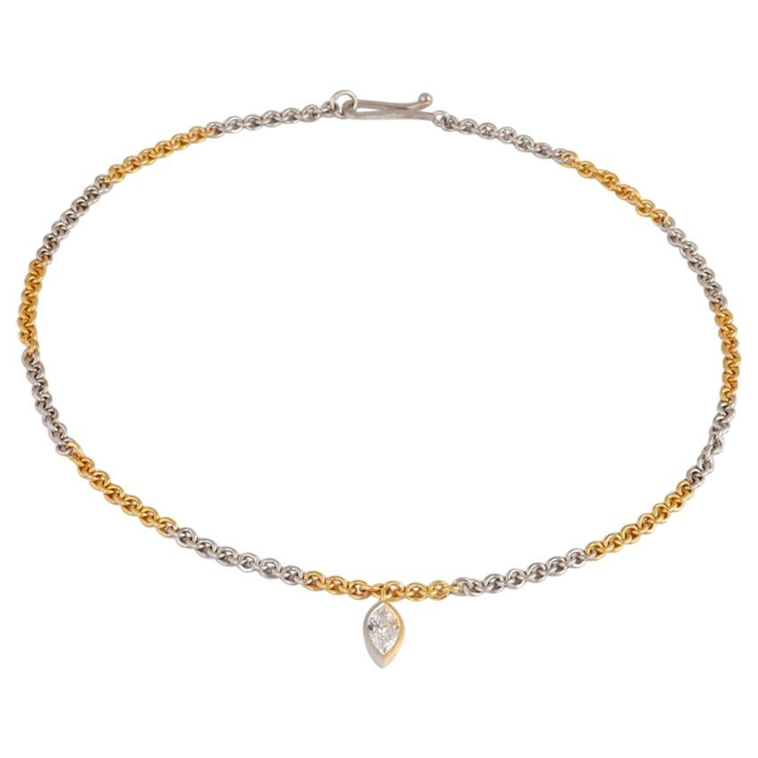 22 Karat Gold and Platinum Link Necklace with Marquise Diamond