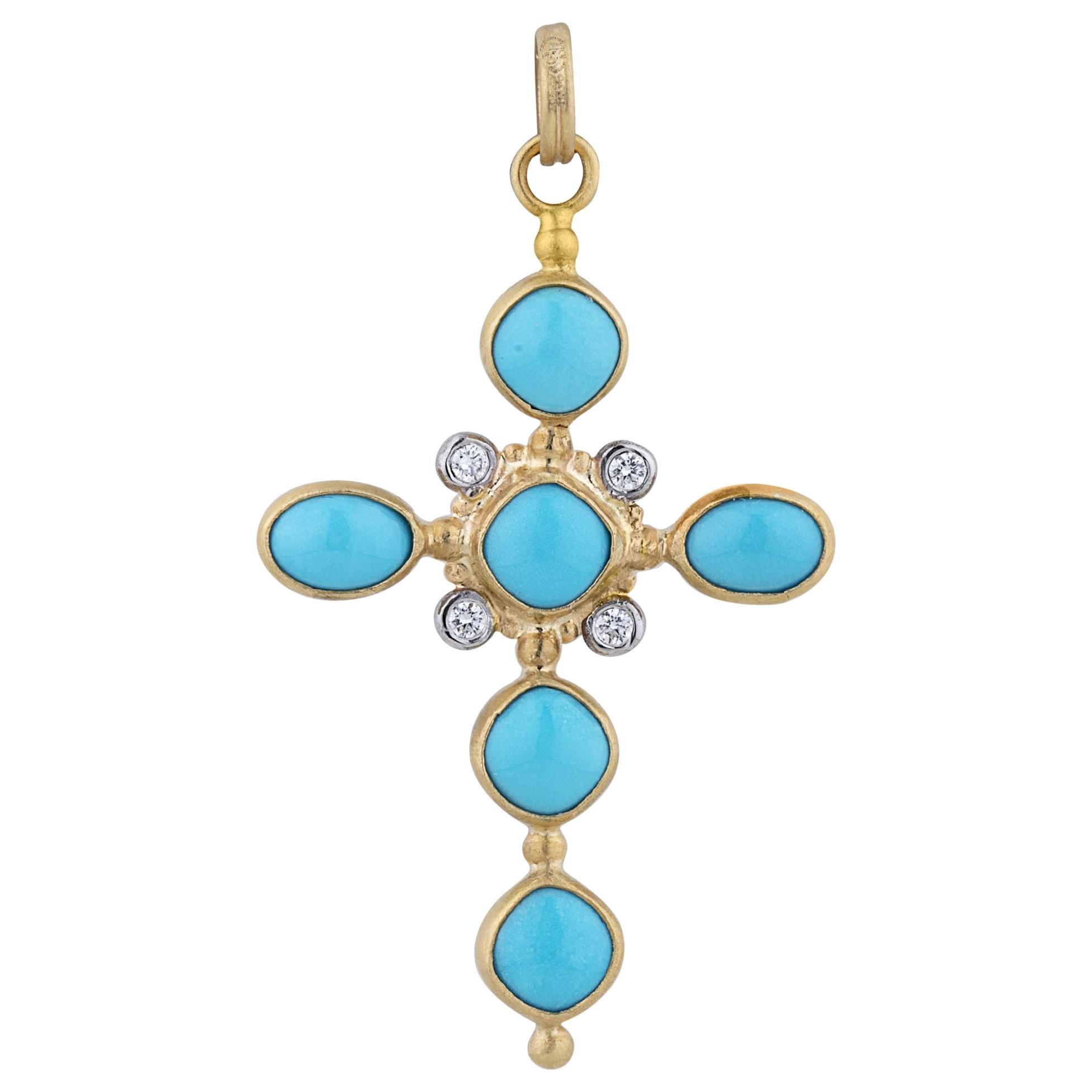 22 Karat Gold and Turquoise, Diamond Cross Pendant Necklace