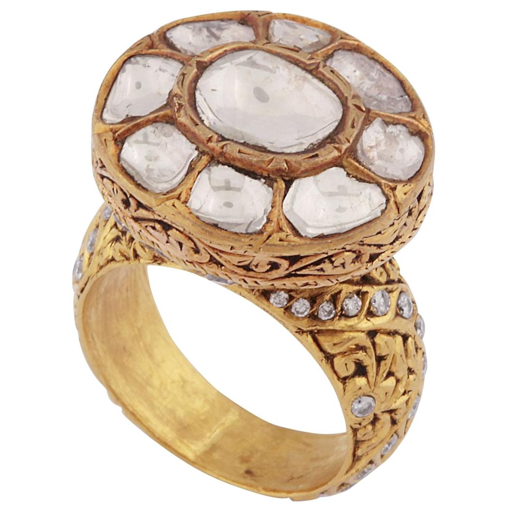 22 Karat Gold and Uncut Diamond Ring in an Antique Finish