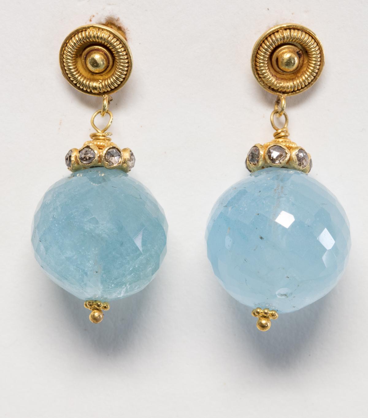 22 Karat Gold, Aquamarine and Diamond Drop Earrings by Deborah Lockhart Phillips In Excellent Condition In Nantucket, MA