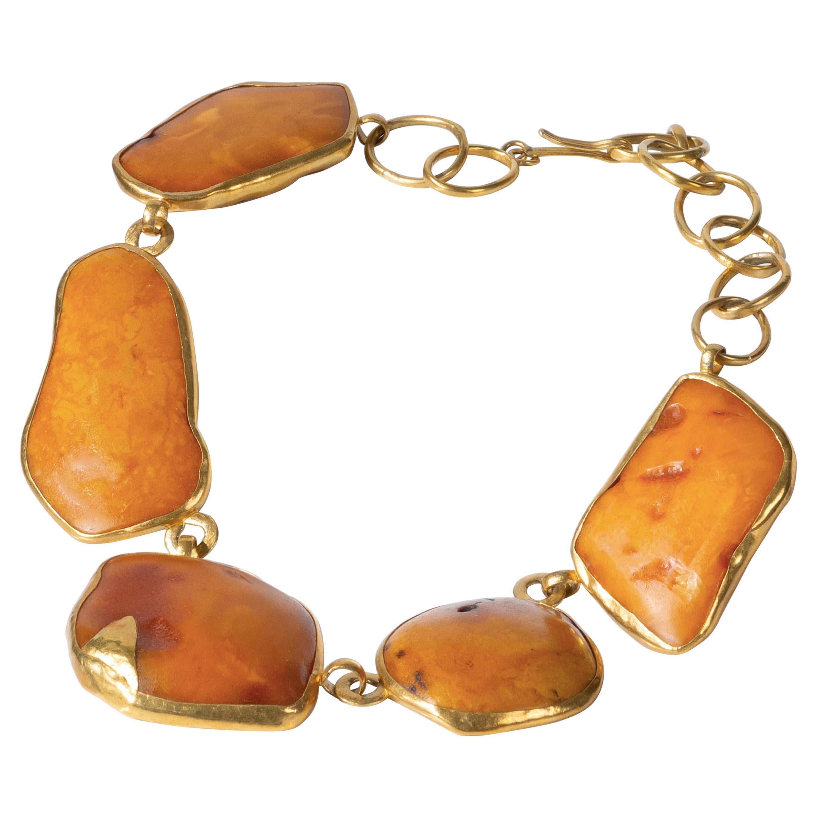 22 Karat Gold, Baltic Amber Carved Necklace For Sale