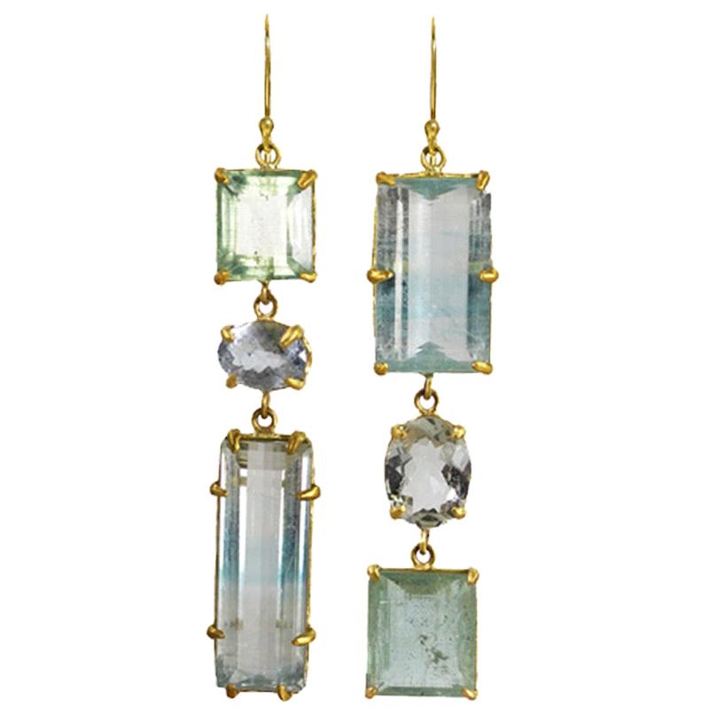 Margery Hirschey 22k Gold Bi-Colored Topaz and Aquamarine Asymmetric Earrings For Sale