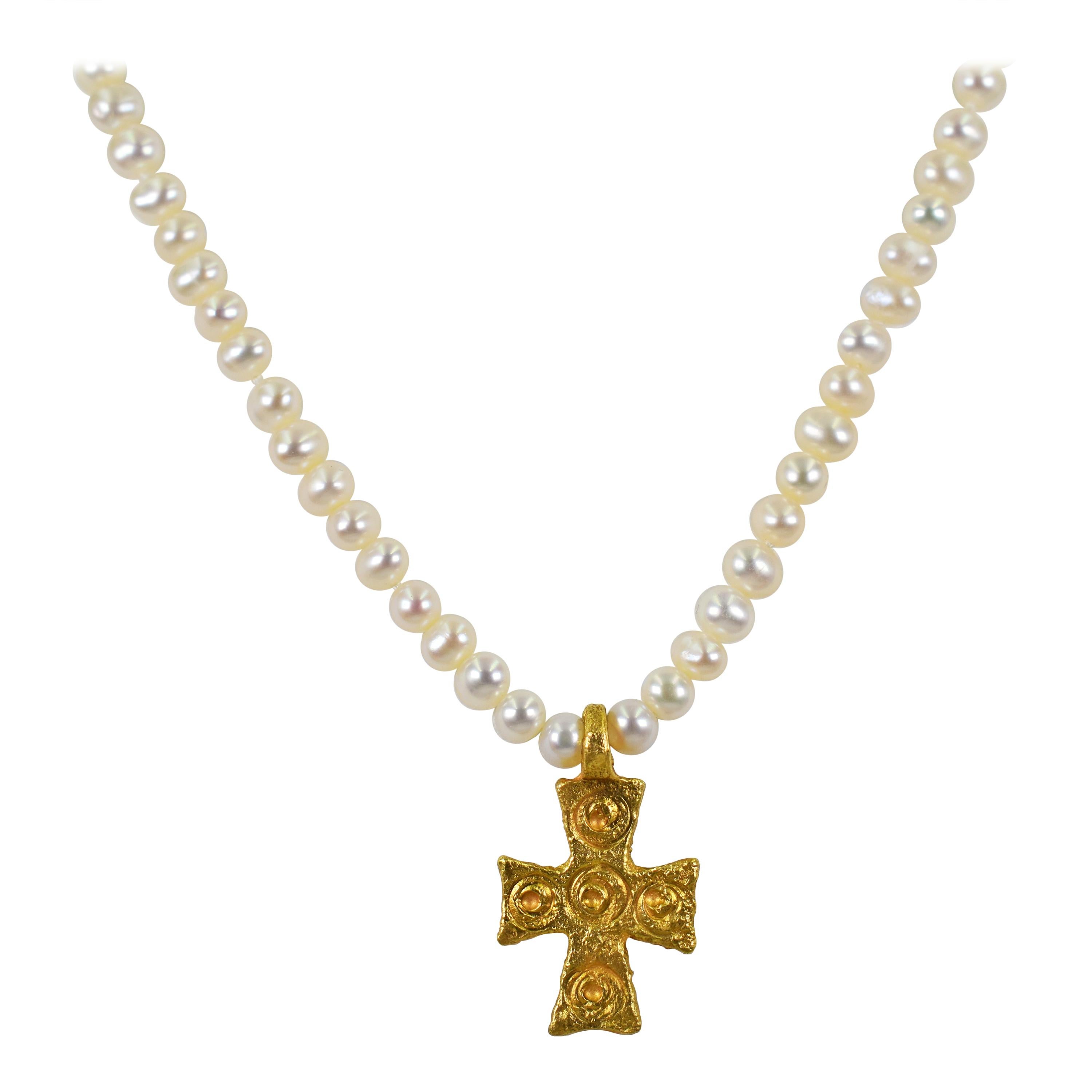 22 Karat Gold Byzantine Cross Pendant and Freshwater Pearl Beaded Necklace