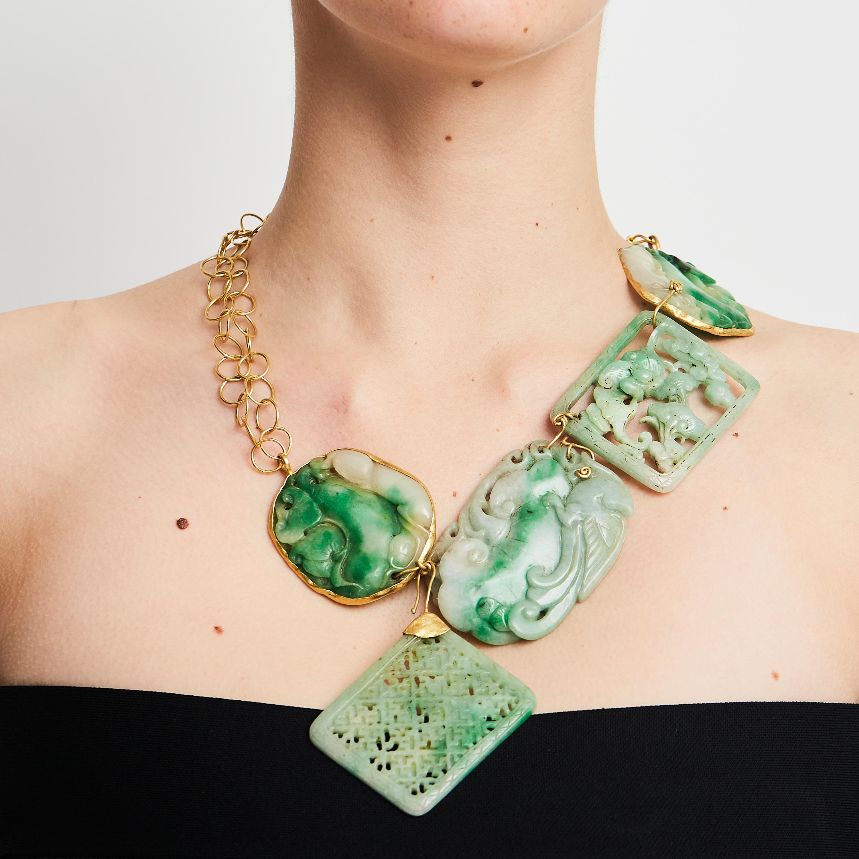 Striking in its colour and scale, this one-of-a-kind necklace was crafted by artist Ram Rijal, asked by Mimi Lipton to create a timeless piece. Hand made links of 22 karat gold, reflect the unique cuts of five large pieces of Chinese jade. 

Few