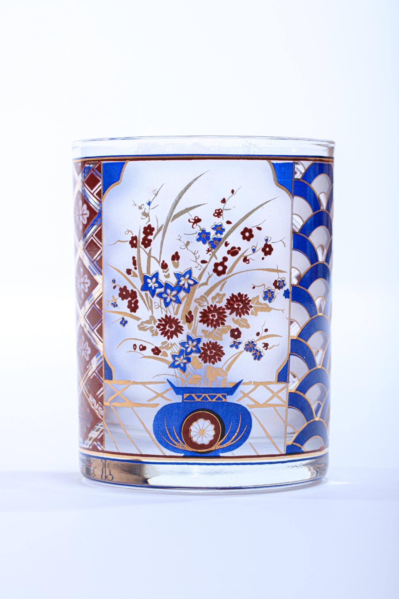 Vintage and rare rocks glasses by Culver in a delicate Chinoiserie pattern featuring 22-karat gold plating. Beautiful and unique addition for display on your bar cart or formal bar. Want to see more beautiful things? Scroll down below and click