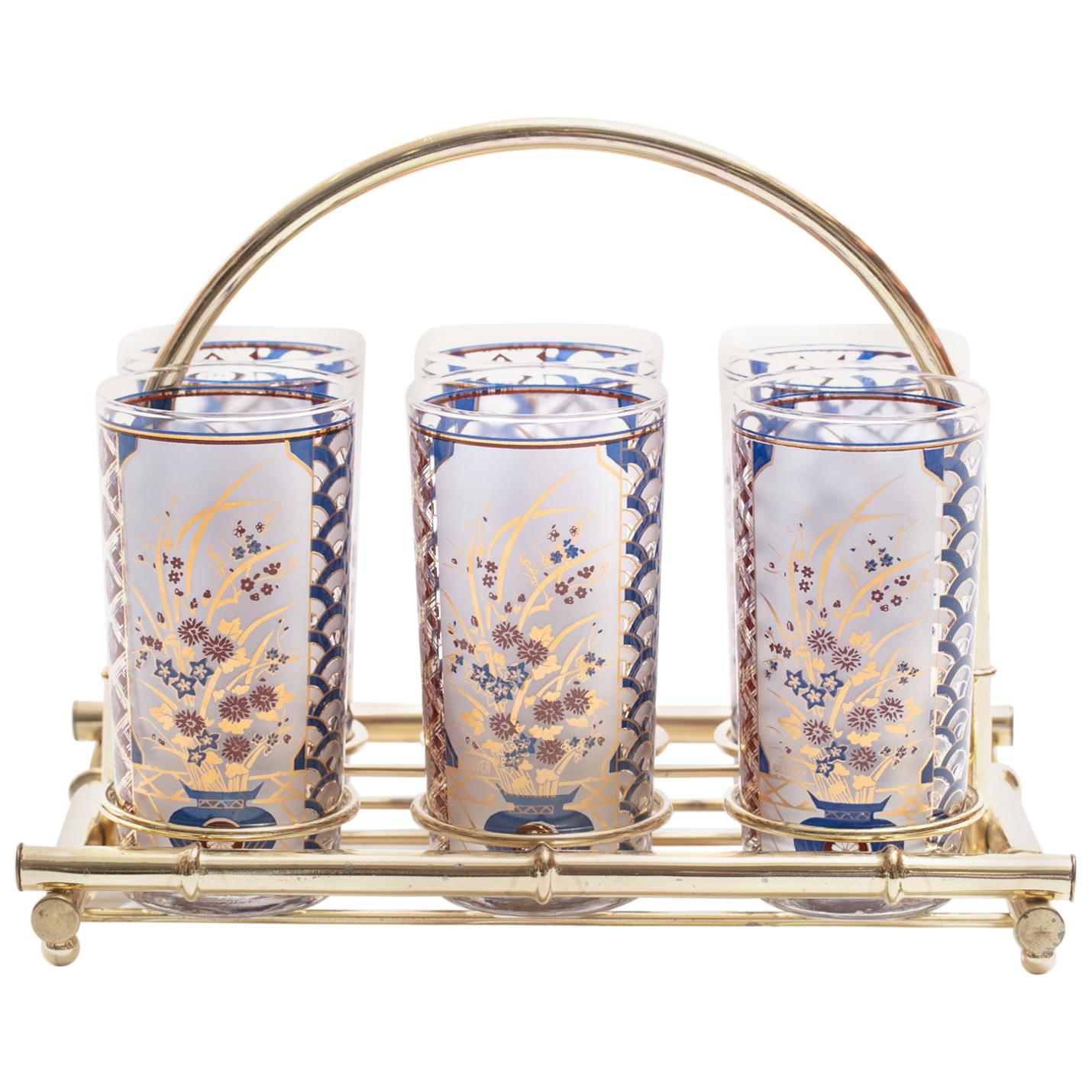 Bicchieri Tumbler con tema Chinoiserie in oro a 22 carati e portabicchieri in ottone di bambù, 1960 ca.