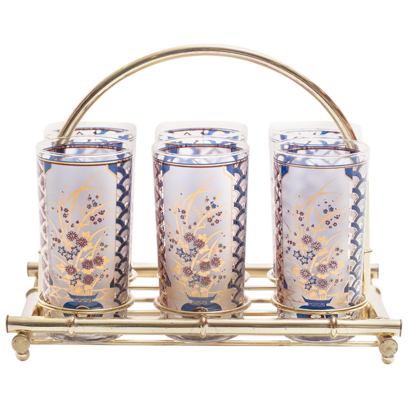 22-Karat Gold Chinoiserie Themed Tumbler Glasses & Brass Bamboo Caddy c. 1960s For Sale