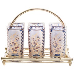 Retro 22-Karat Gold Chinoiserie Themed Tumbler Glasses & Brass Bamboo Caddy c. 1960s