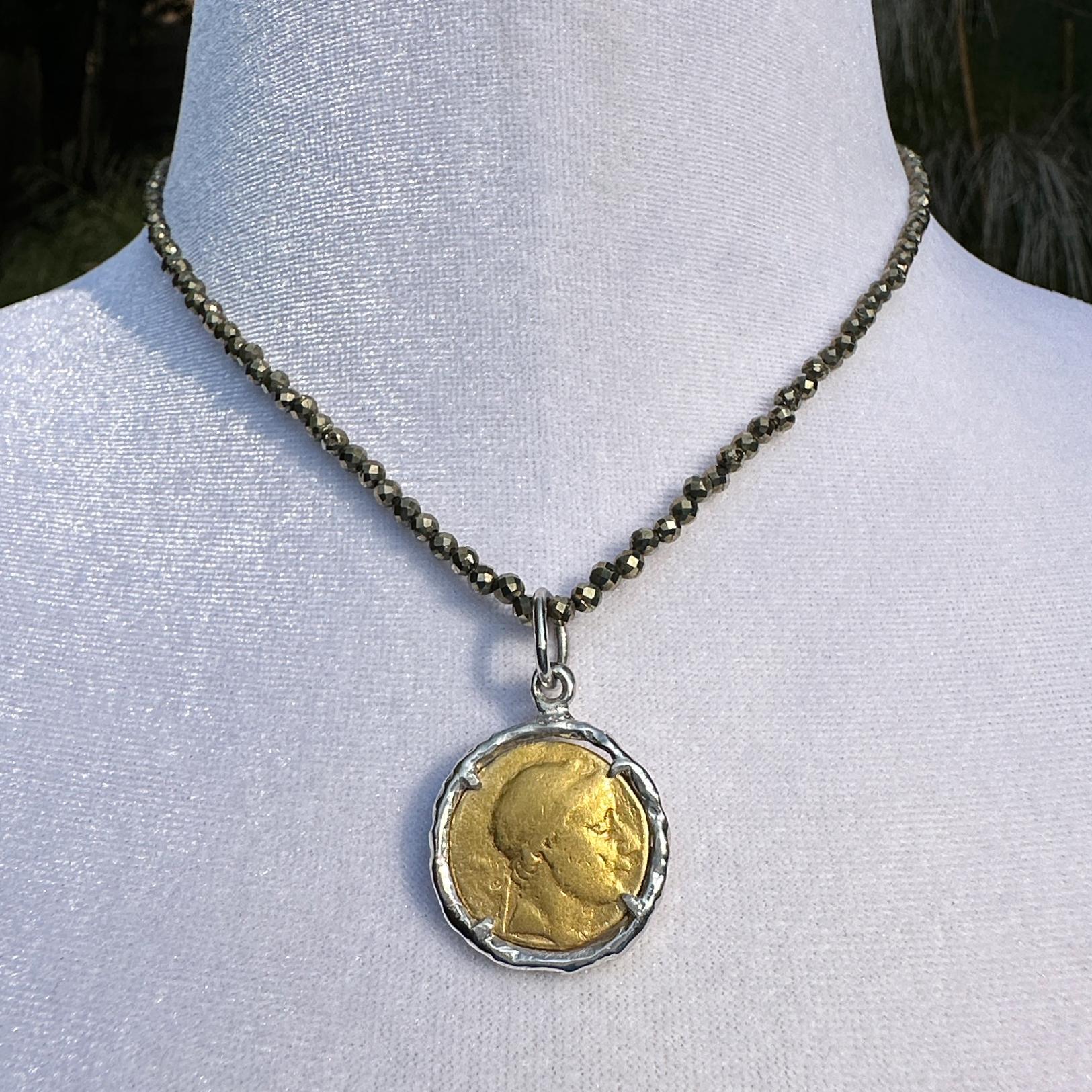 Ball Cut 22 Karat Gold Coin in Platinum Frame on Pyrite Chain For Sale