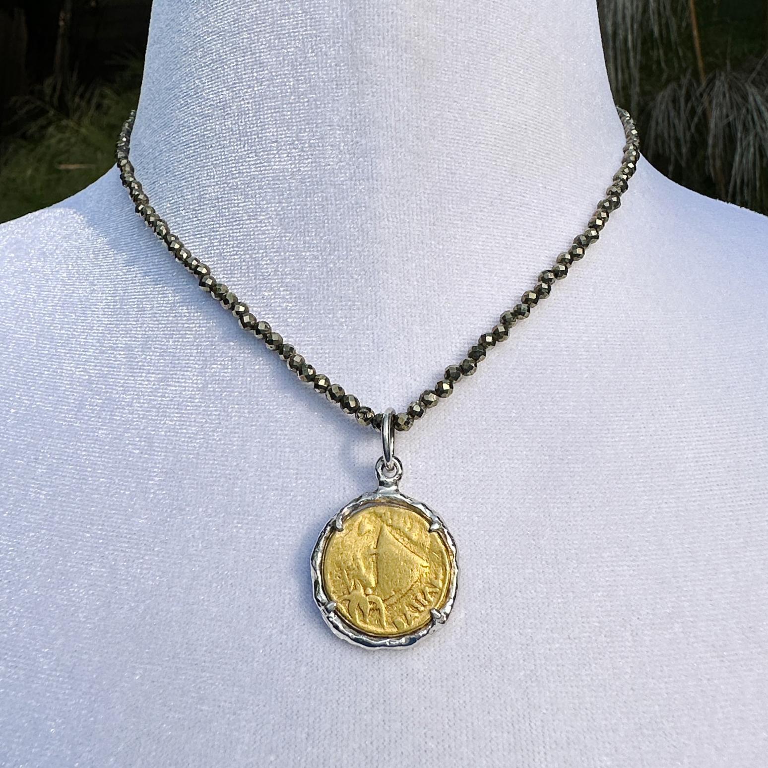 22 Karat Gold Coin in Platinum Frame on Pyrite Chain In New Condition For Sale In Sherman Oaks, CA