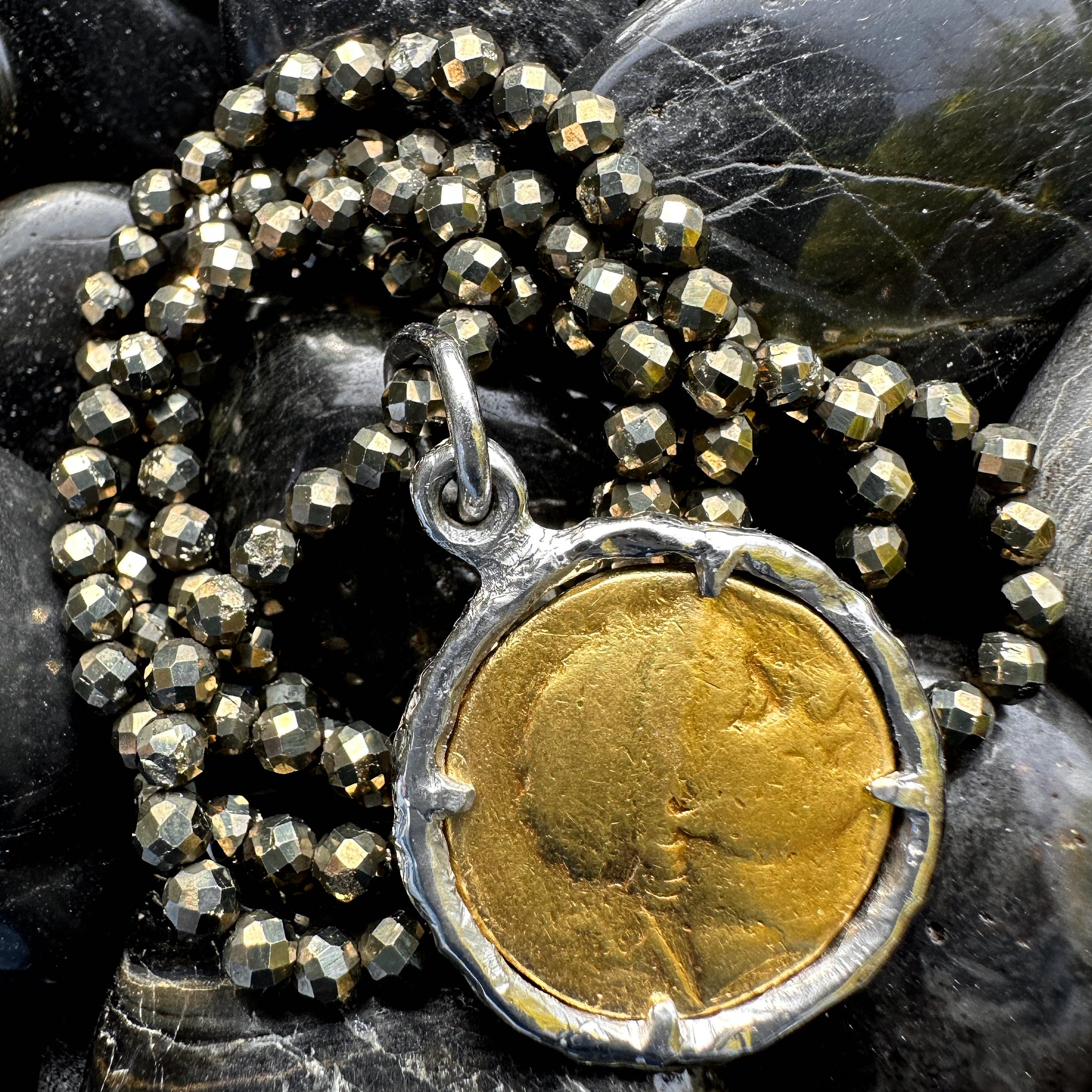 Women's or Men's 22 Karat Gold Coin in Platinum Frame on Pyrite Chain For Sale