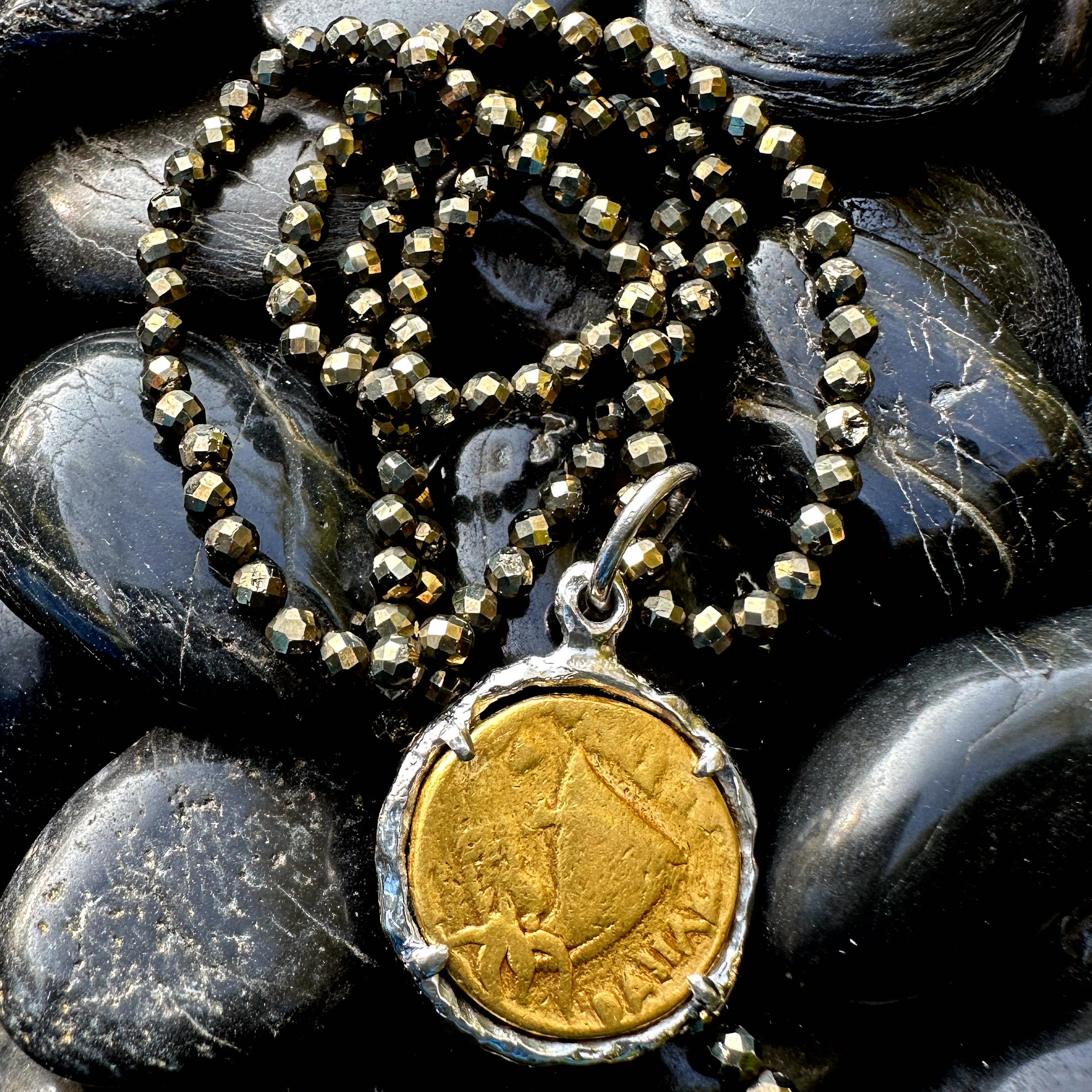 22 Karat Gold Coin in Platinum Frame on Pyrite Chain For Sale 1