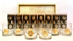 22 Karat Gold Crown Glass Drinks and Metallic Leather Python Tray Set of 17