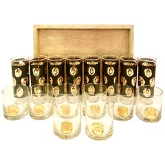 22 Karat Gold Crown Glass Drinks and Metallic Leather Python Tray Set of 17