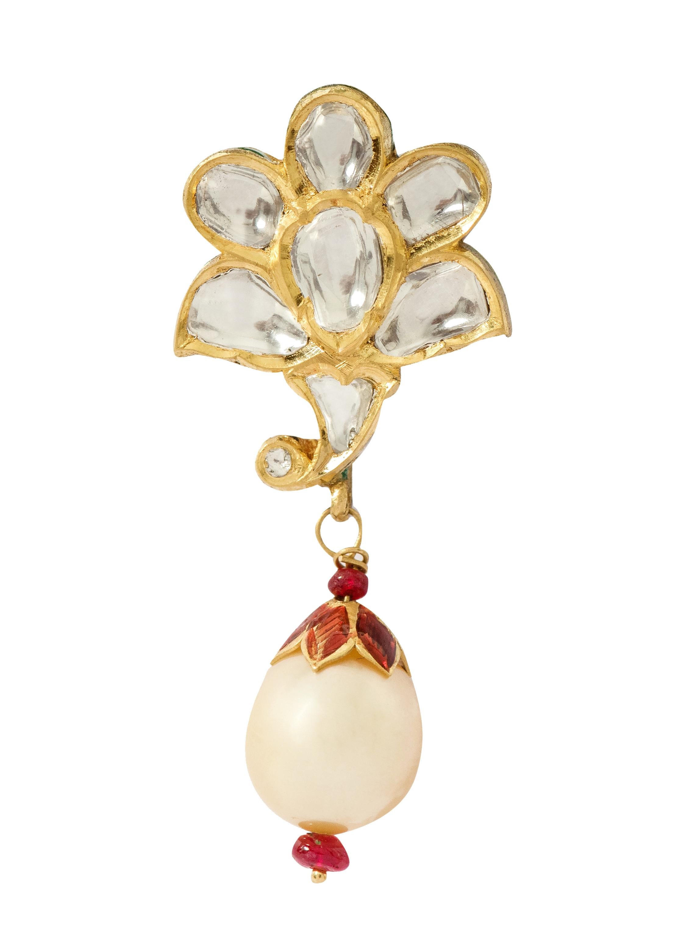 Uncut 22 Karat Gold Diamond and Pearl Drop Earring Handcrafted with Multi-Color Enamel For Sale