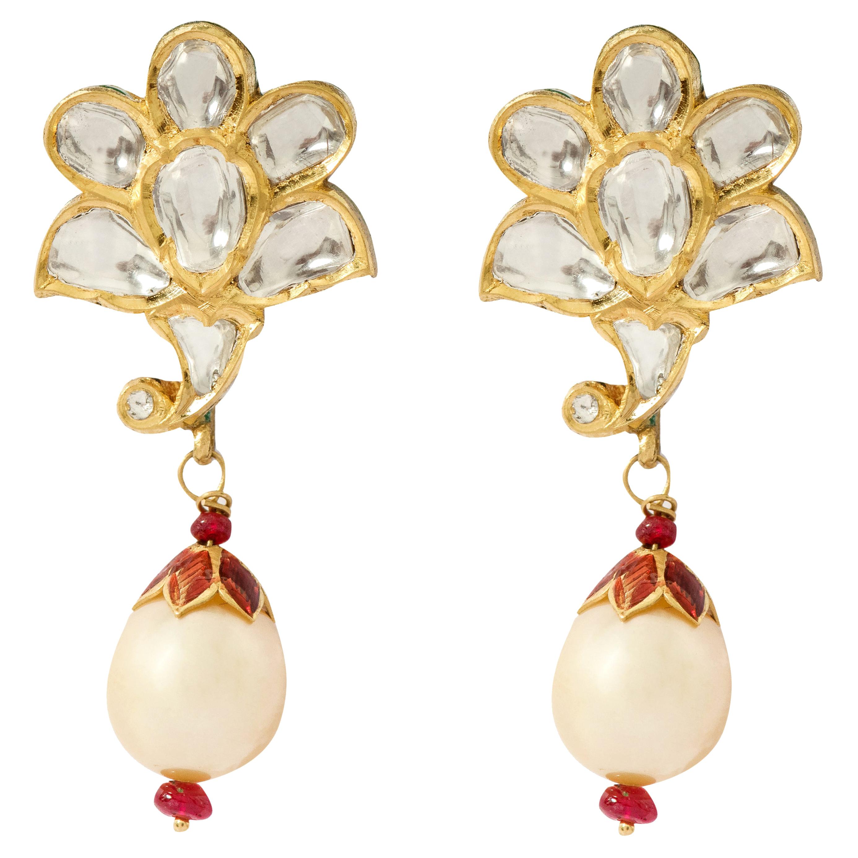 22 Karat Gold Diamond and Pearl Drop Earring Handcrafted with Multi-Color Enamel