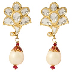 22 Karat Gold Diamond and Pearl Drop Earring Handcrafted with Multi-Color Enamel