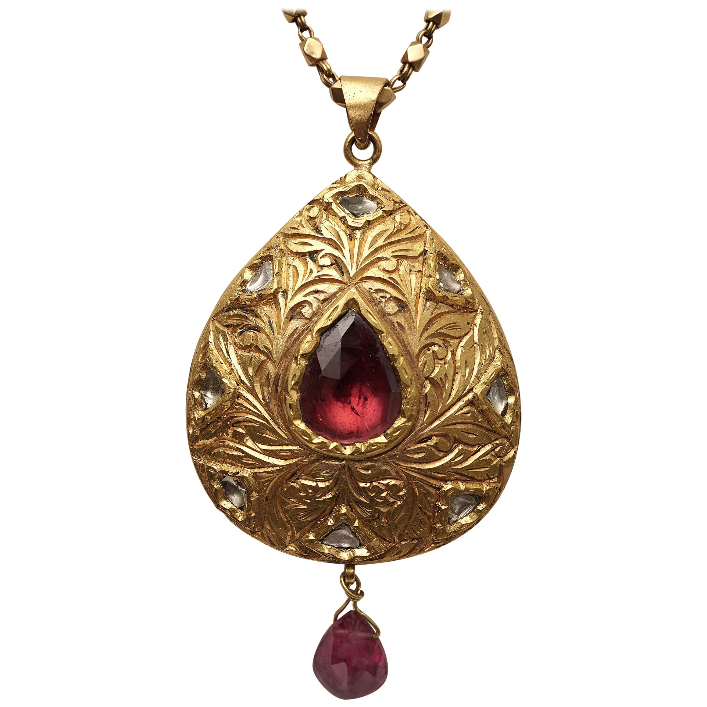 22 Karat Gold Diamond and Pink Tourmaline Long Pendant Necklace, Reversible