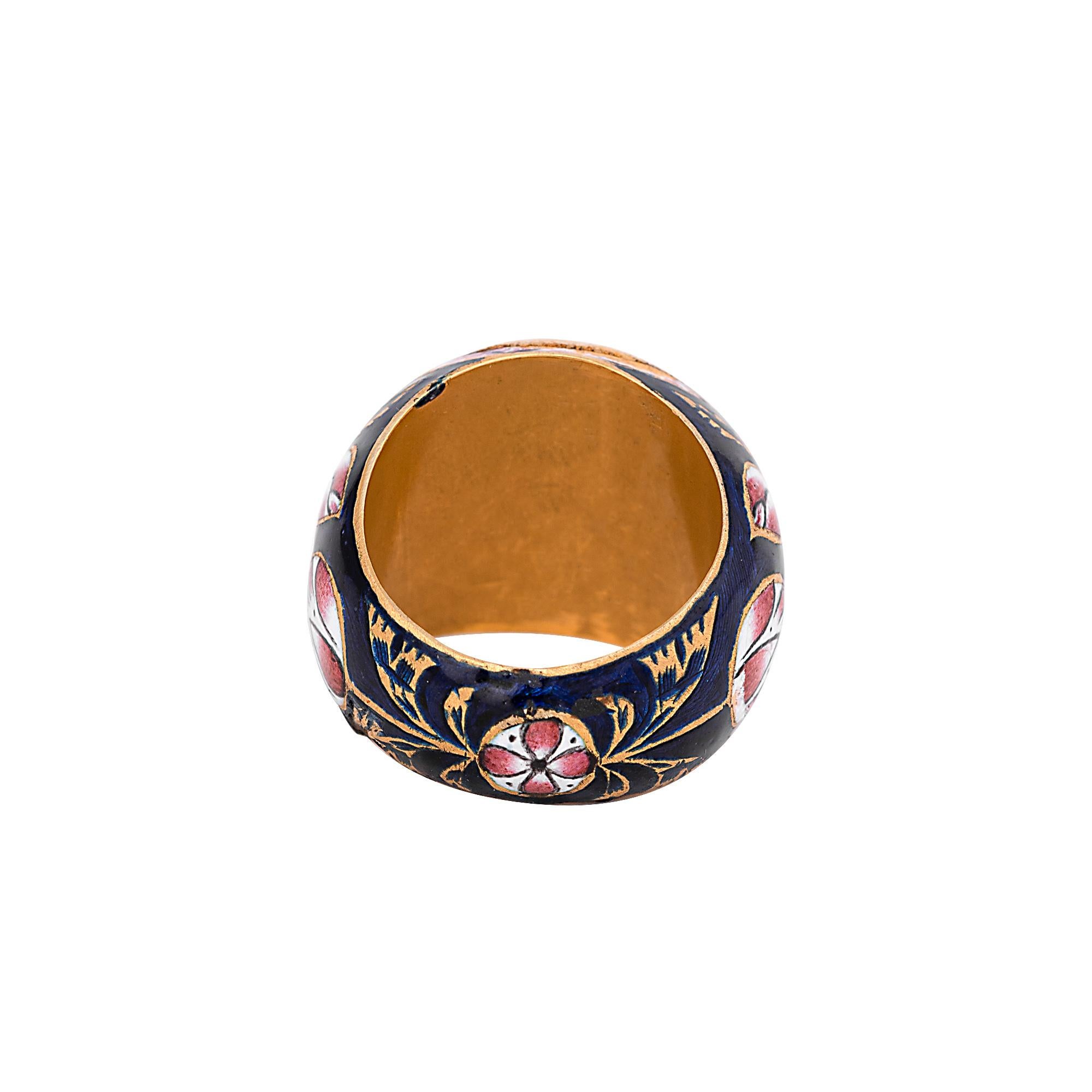 Anglo-Indian 22 Karat Gold Diamond Cluster Ring with Blue, Red, and White Enamel Work For Sale