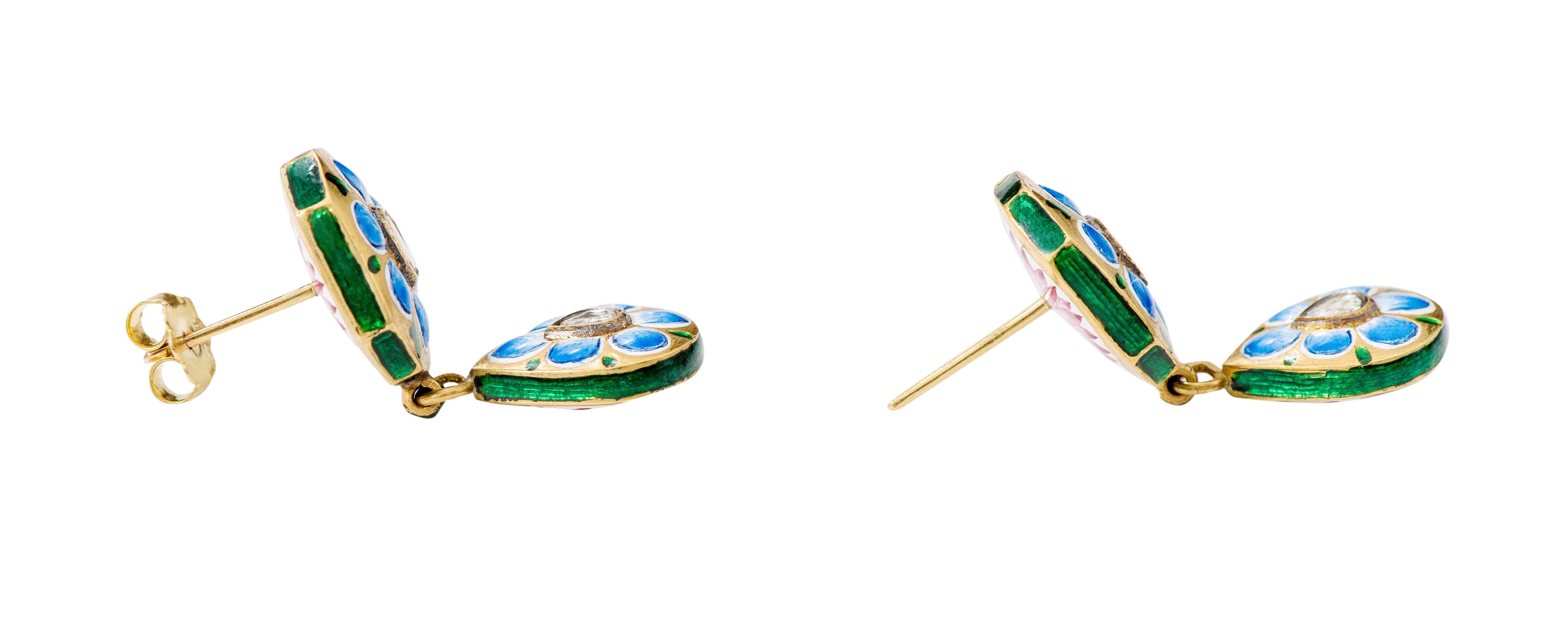22 Karat Gold Diamant-Ohrring Handgefertigt mit blauer und rosa Emaille-Arbeit Damen im Angebot