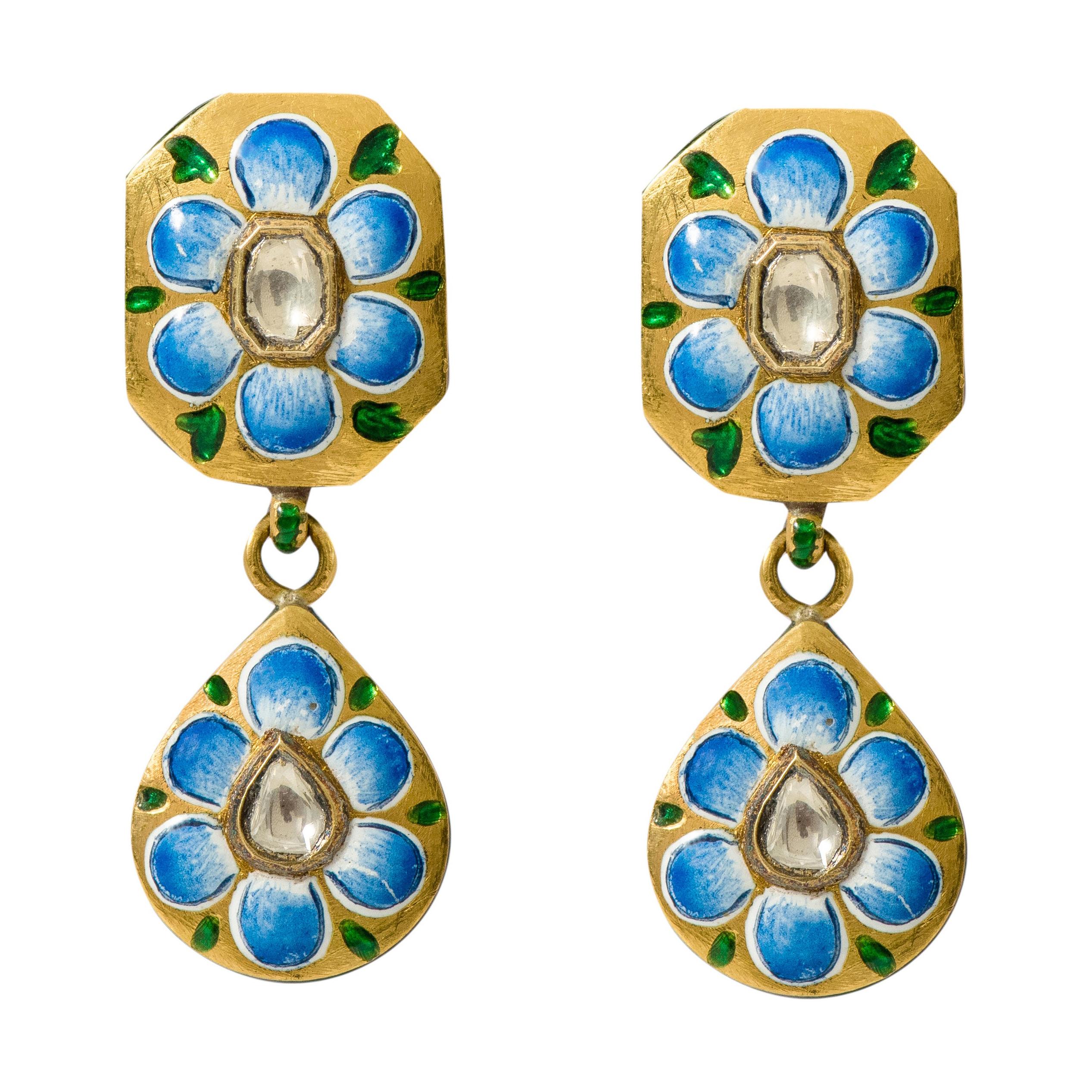 22 Karat Gold Diamond Dangle Earring Handcrafted with Blue and Pink Enamel Work