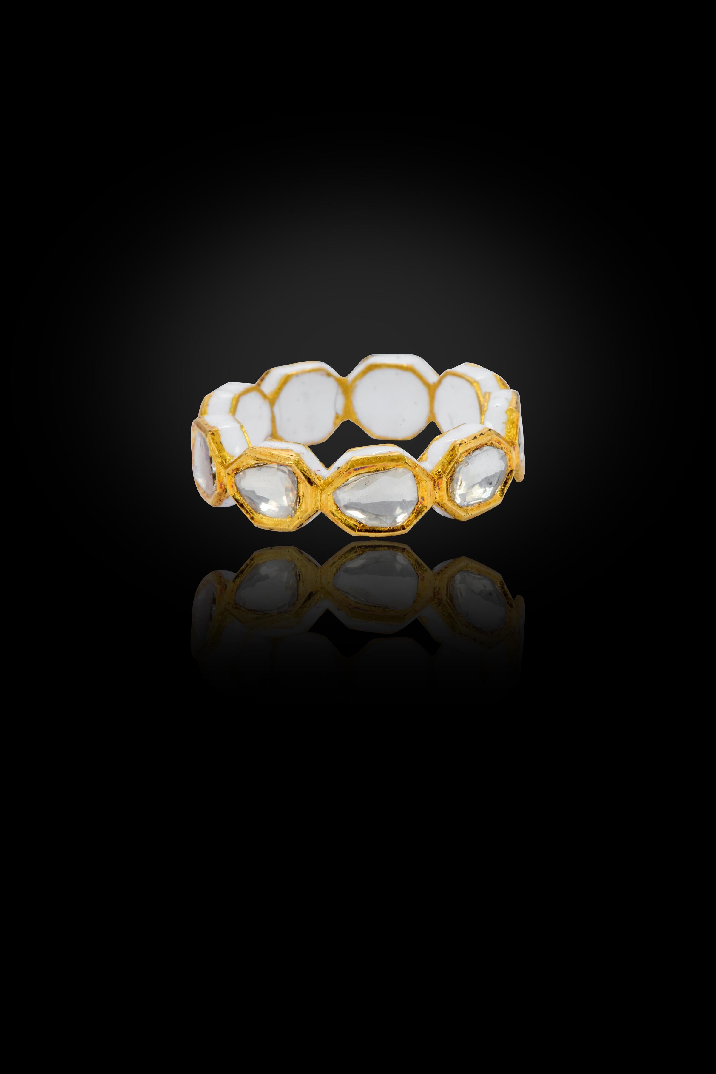 Anglo-Indian 22 Karat Gold Diamond Eternity Full-Band Ring with White Enamel Work