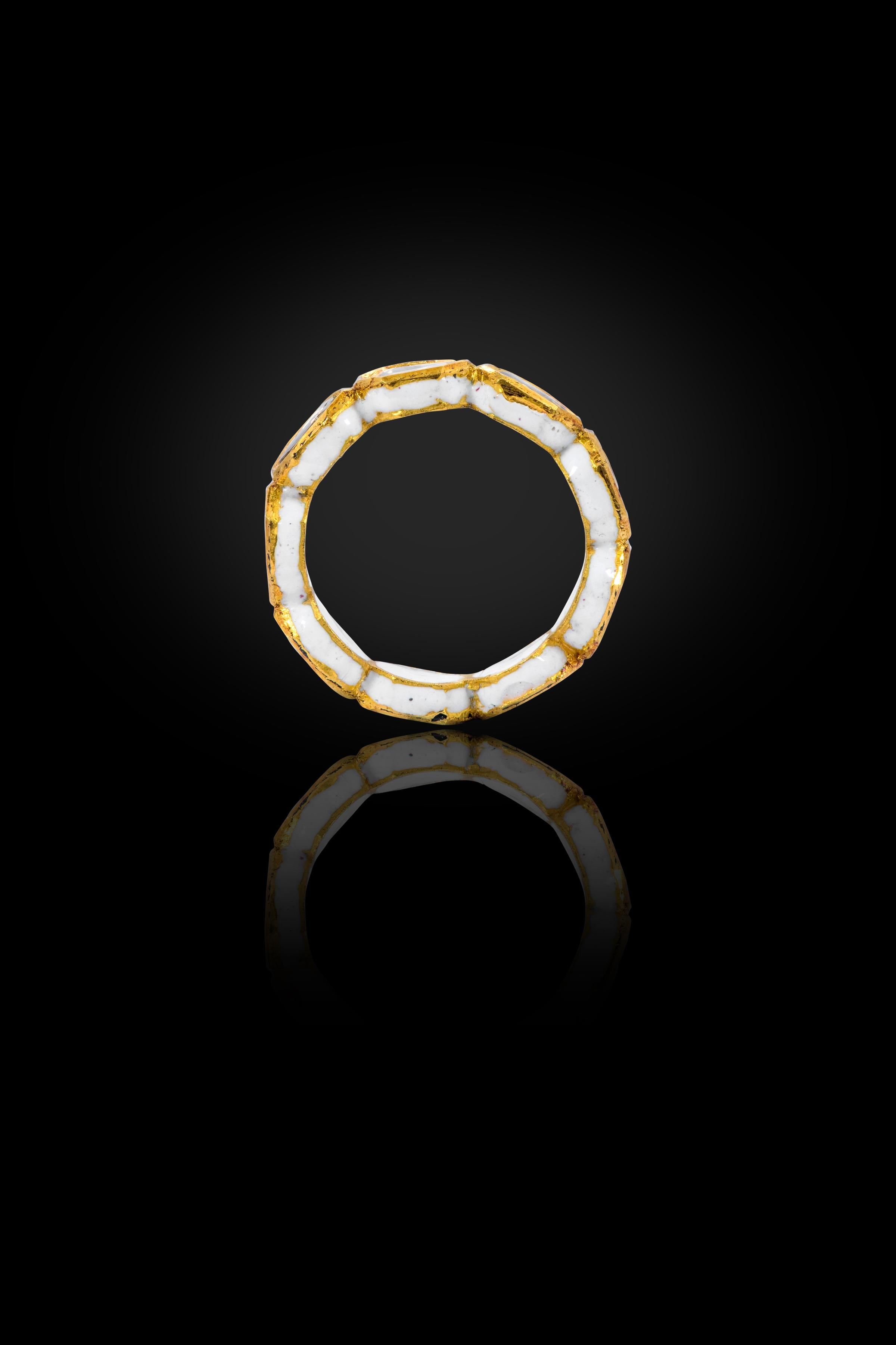 Uncut 22 Karat Gold Diamond Eternity Full-Band Ring with White Enamel Work