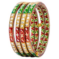 22 Karat Gold Diamond Four Tennis Bangle Bracelets with Colorful Enamel Work