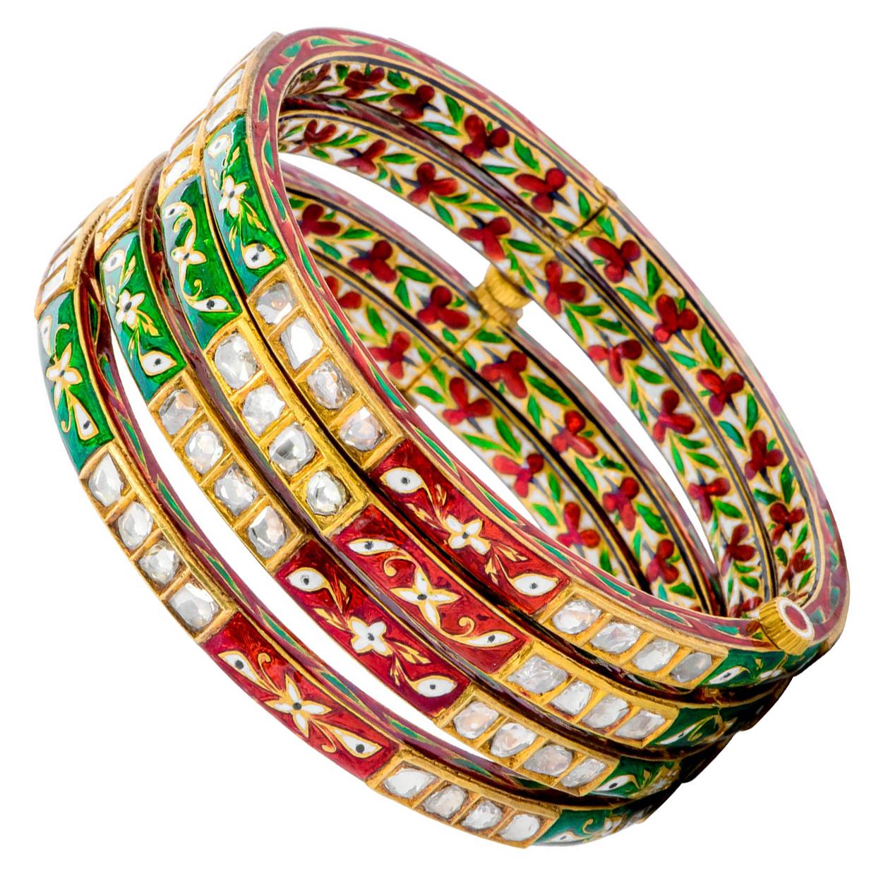 22 Karat Gold Diamond Four Tennis Bangle Bracelets with Colorful Enamel Work For Sale