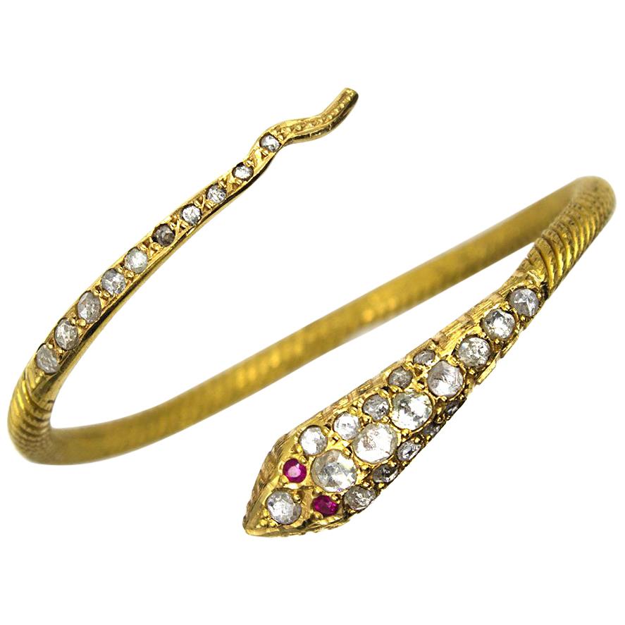 22 Karat Gold Diamond Ruby Coil Snake Bracelet