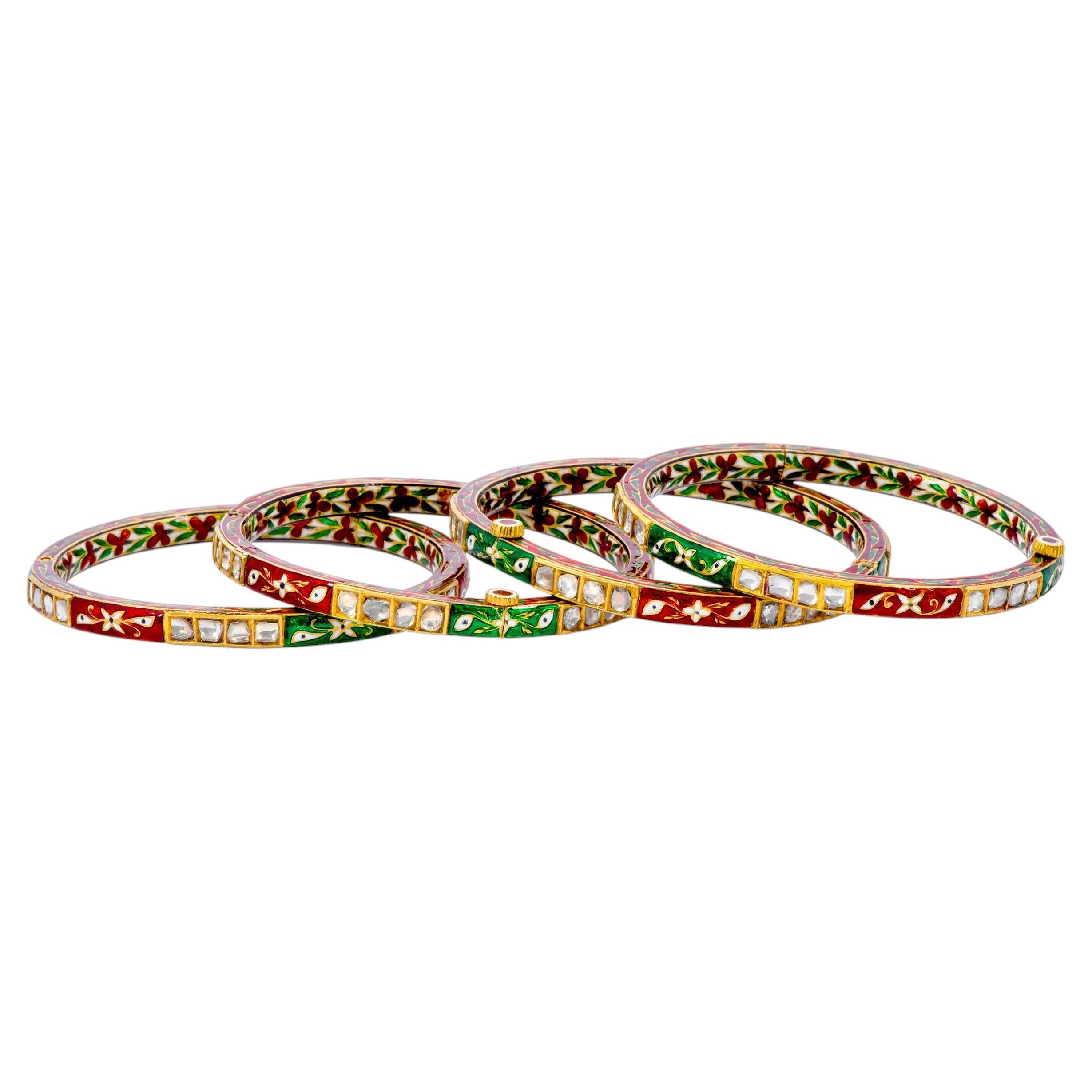 Bracciali a tre tennis con diamanti in oro 22 carati e smalto colorato in vendita