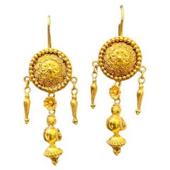 22 Karat Gold Disc and Bird Greek Revival Earrings