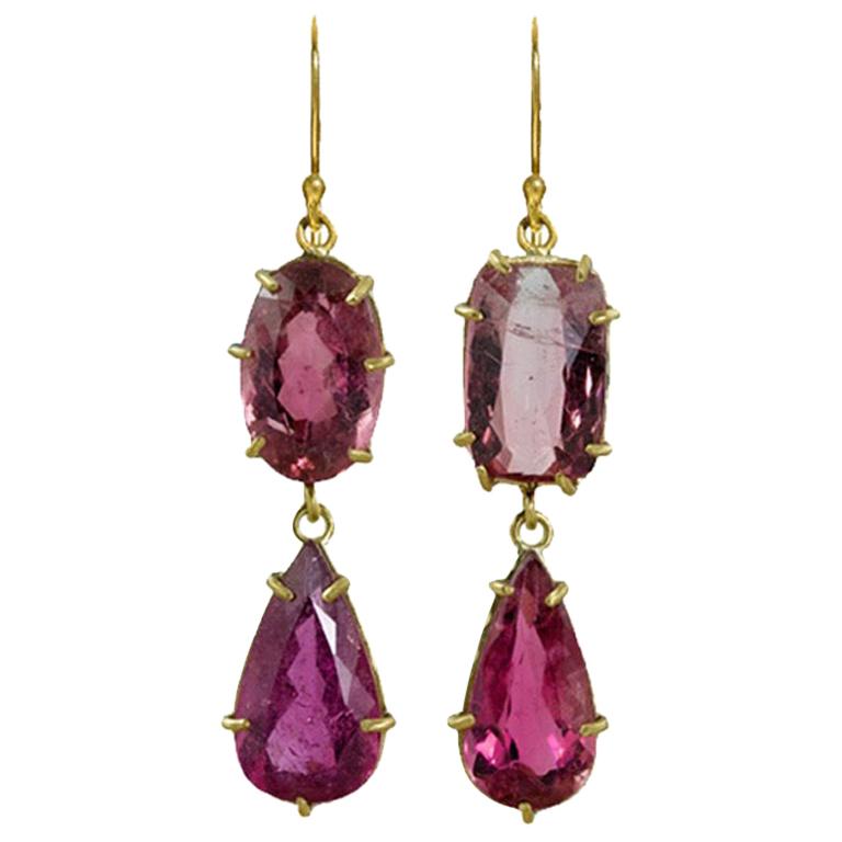 Margery Hirschey 22 Karat Gold Double Drop Juicy Pink Tourmaline Earrings For Sale
