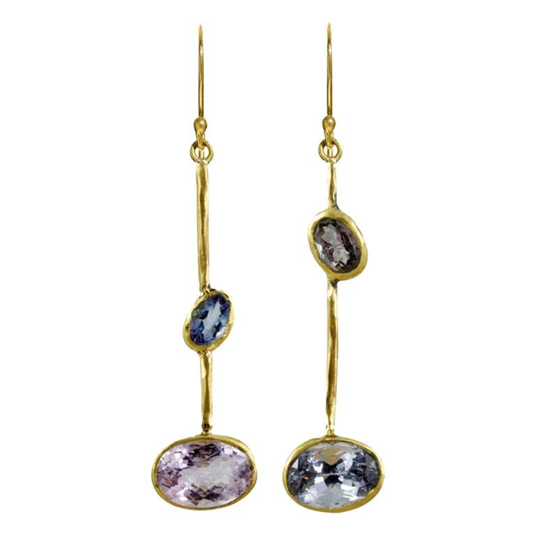Margery Hirschey 22k Gold Drunken Blue Beryl and Tanzanite Asymmetric Earrings For Sale