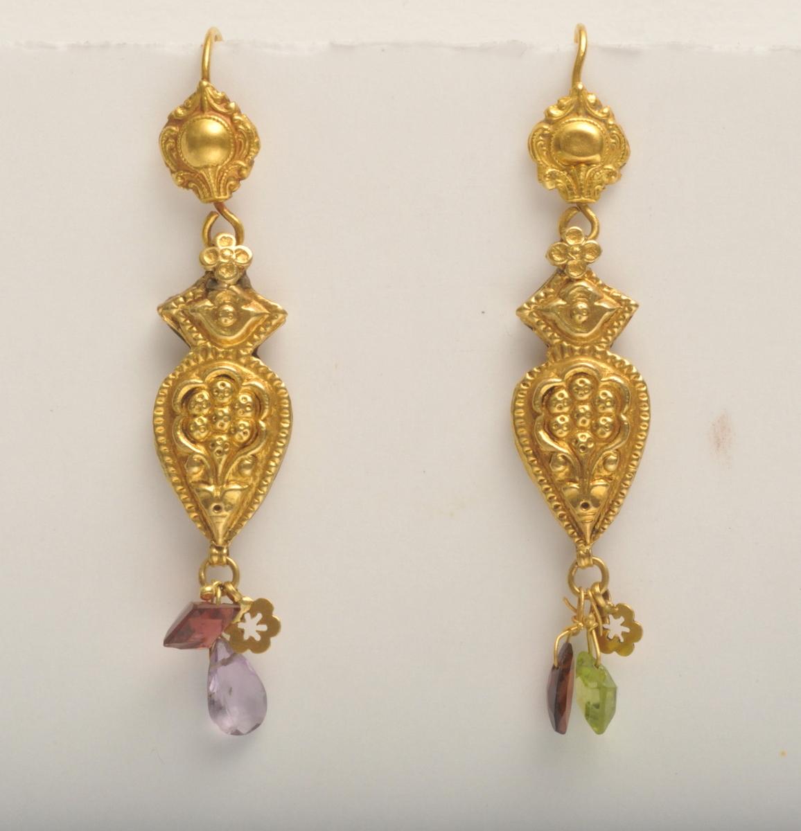 Lovely 22K gold drop earrings with fine granulation work and embossed details.  Hanging from the bottom are gold pendants and faceted semi-precious....garnet, peridot, amethyst.  French wire earring backs for pierced ears.