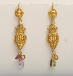 22 Karat Gold Embossed Earrings with Faceted Semi-Precious Drops