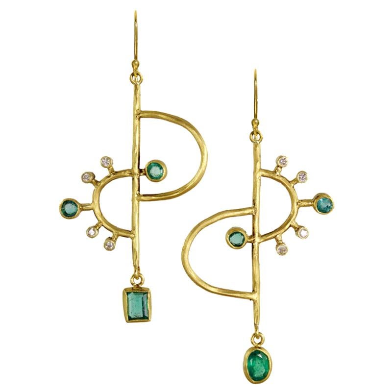 Margery Hirschey 22 Karat Gold Emerald and Diamond Asymmetric Mobile Earrings For Sale