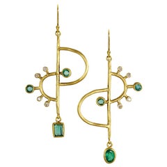 Margery Hirschey 22 Karat Gold Emerald and Diamond Asymmetric Mobile Earrings