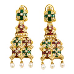 22 Karat Gold Enamel and Pearls Earrings with 3.45 Carat of Diamonds