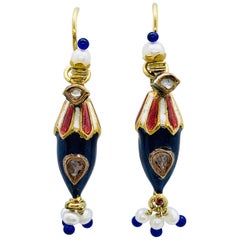 22 Karat Gold Enamel Pearl and Diamond Earrings from the Estate of Gene Tierney