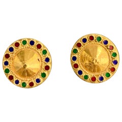 22 Karat Gold Enamel Yellow Gold Circle Stud Earring, Thick Post Screw Back