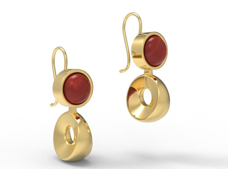 Classical Roman 22 Karat Gold Garnet Drop Circle Earring by Romae Jewelry Inspired by Antiquity For Sale